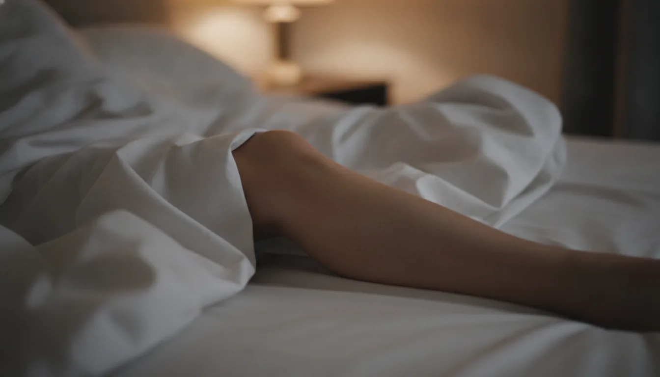 Jambes sous une couette blanche la nuit, dans la lumière tamisée d'une lampe de chevet