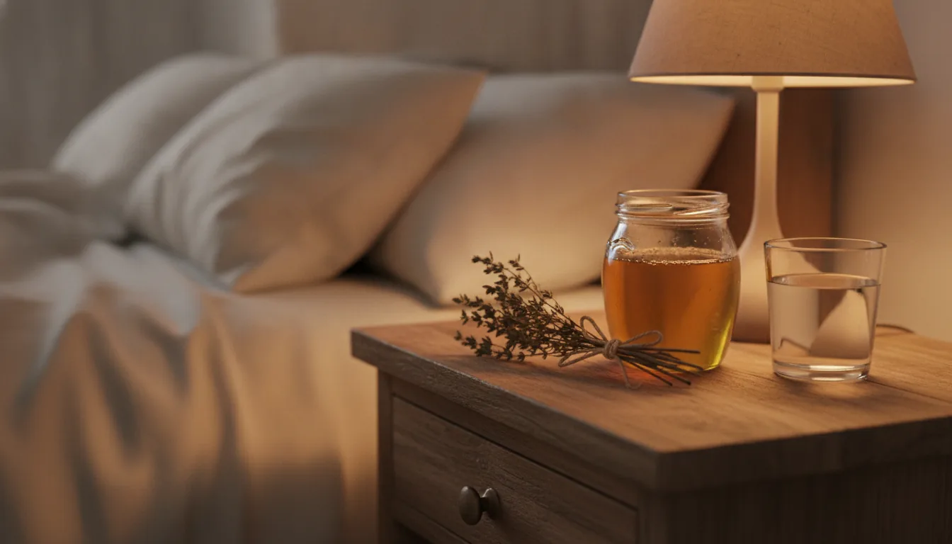Table de nuit en bois avec un pot de miel, du thym séché et un verre d'eau