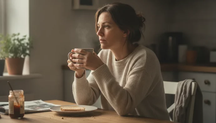 Femme fatiguée assise à la table de la cuisine le matin, une tasse entre les mains