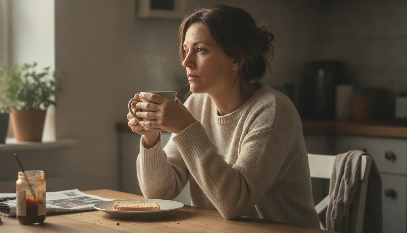 Femme fatiguée assise à la table de la cuisine le matin, une tasse entre les mains