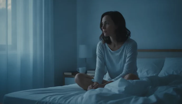 Femme assise au bord de son lit au petit matin, pensive après un rêve