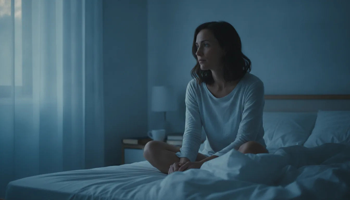 Femme assise au bord de son lit au petit matin, pensive après un rêve