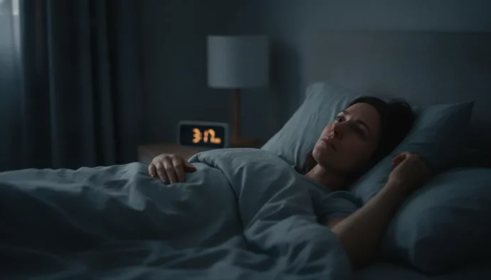 Femme réveillée à 3h du matin dans son lit, regard tourné vers le réveil de la table de nuit