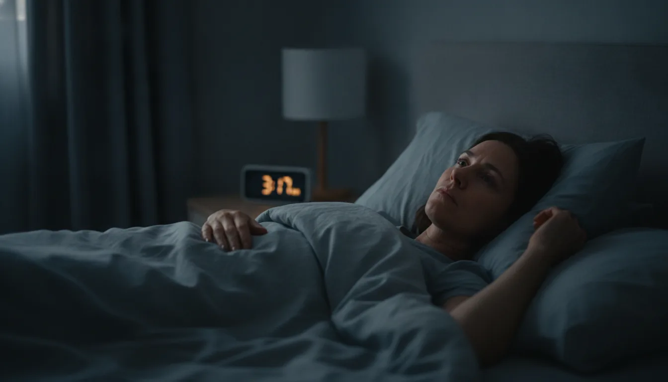 Femme réveillée à 3h du matin dans son lit, regard tourné vers le réveil de la table de nuit