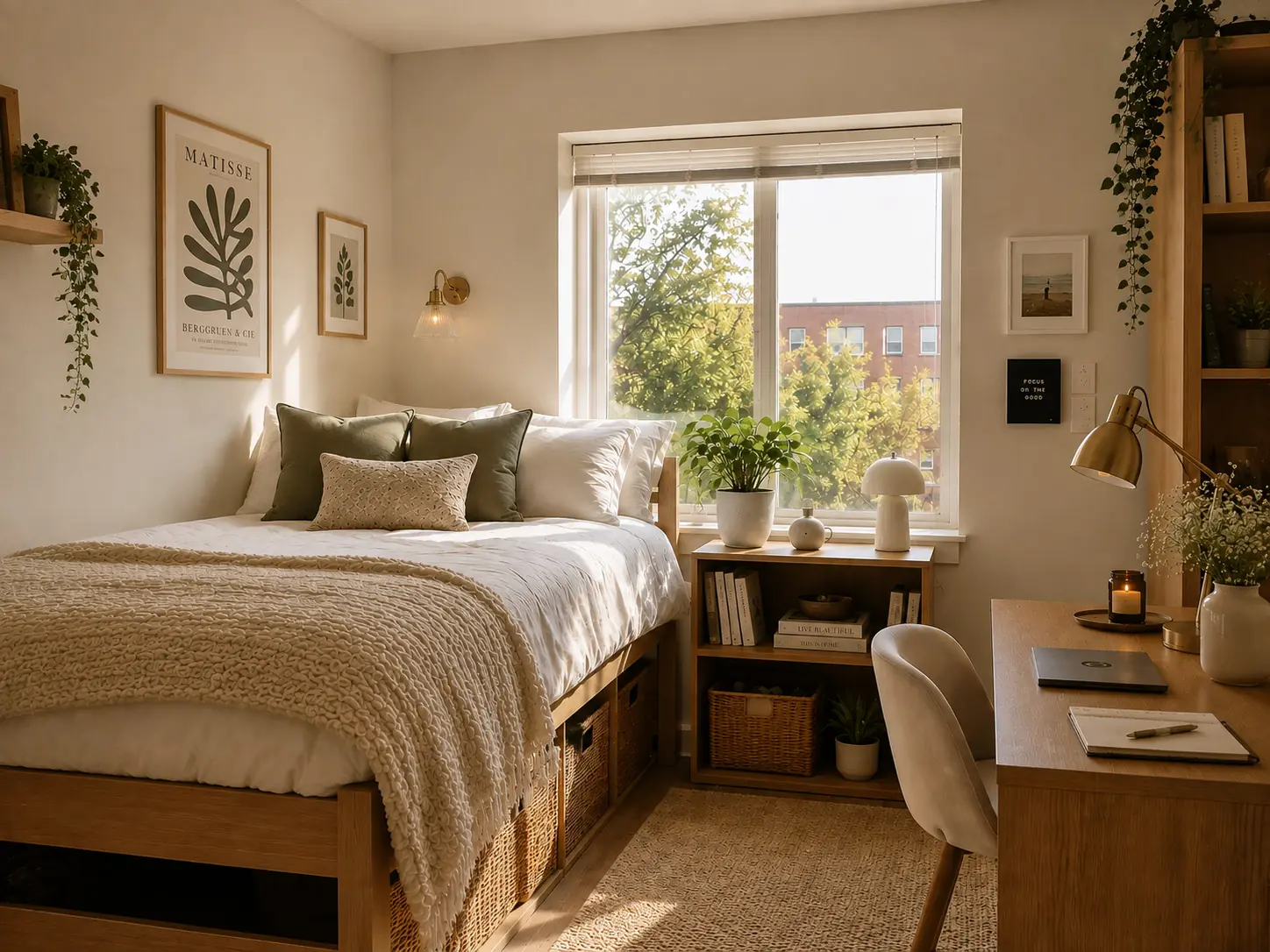 Chambre lumineuse avec un lit une place au format 90x190, linge blanc et coussins verts