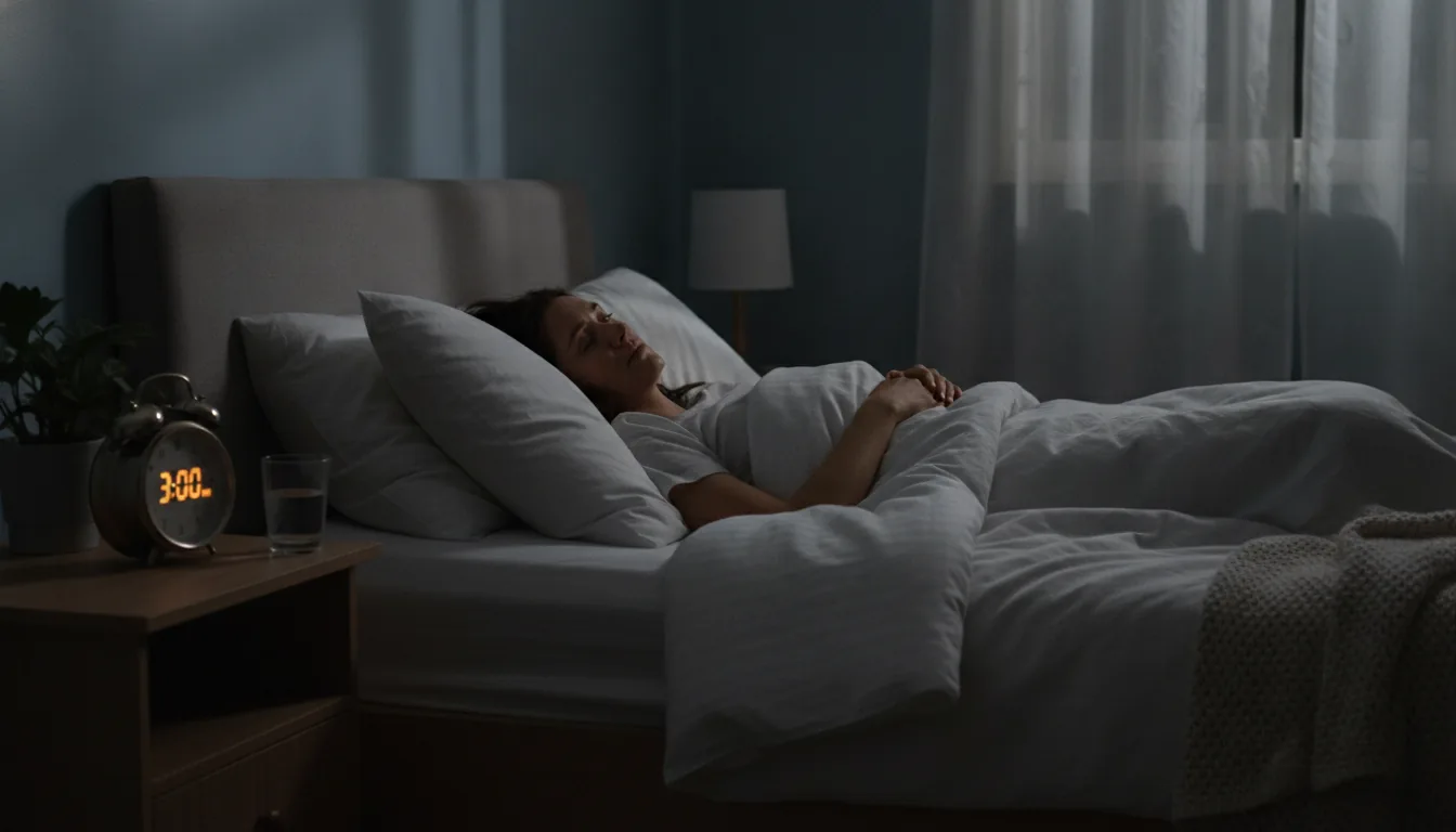 Femme éveillée dans son lit en pleine nuit, symbole des troubles du sommeil