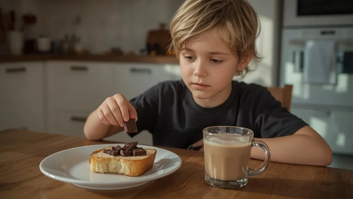 Enfant qui mange des carrés de chocolat posés sur une tranche de pain au goûter, avec un verre de lait chocolaté