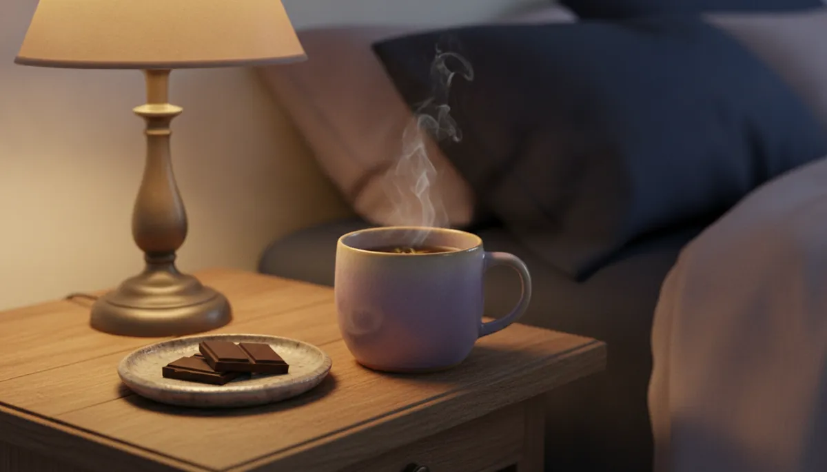 Deux carrés de chocolat noir sur une soucoupe près d'une tisane, sur une table de chevet le soir