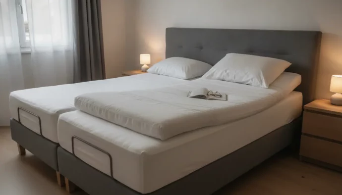 Lit 2x80x200 avec deux matelas séparés posés sur deux sommiers dans une chambre lumineuse
