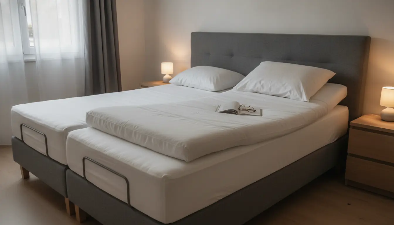 Lit 2x80x200 avec deux matelas séparés posés sur deux sommiers dans une chambre lumineuse