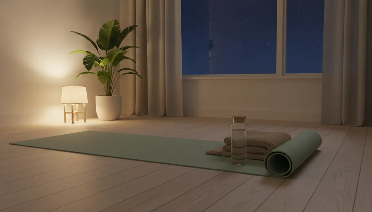 Tapis de yoga déroulé sur le parquet d'un salon le soir, près d'une lampe à la lumière chaude et d'un plaid plié