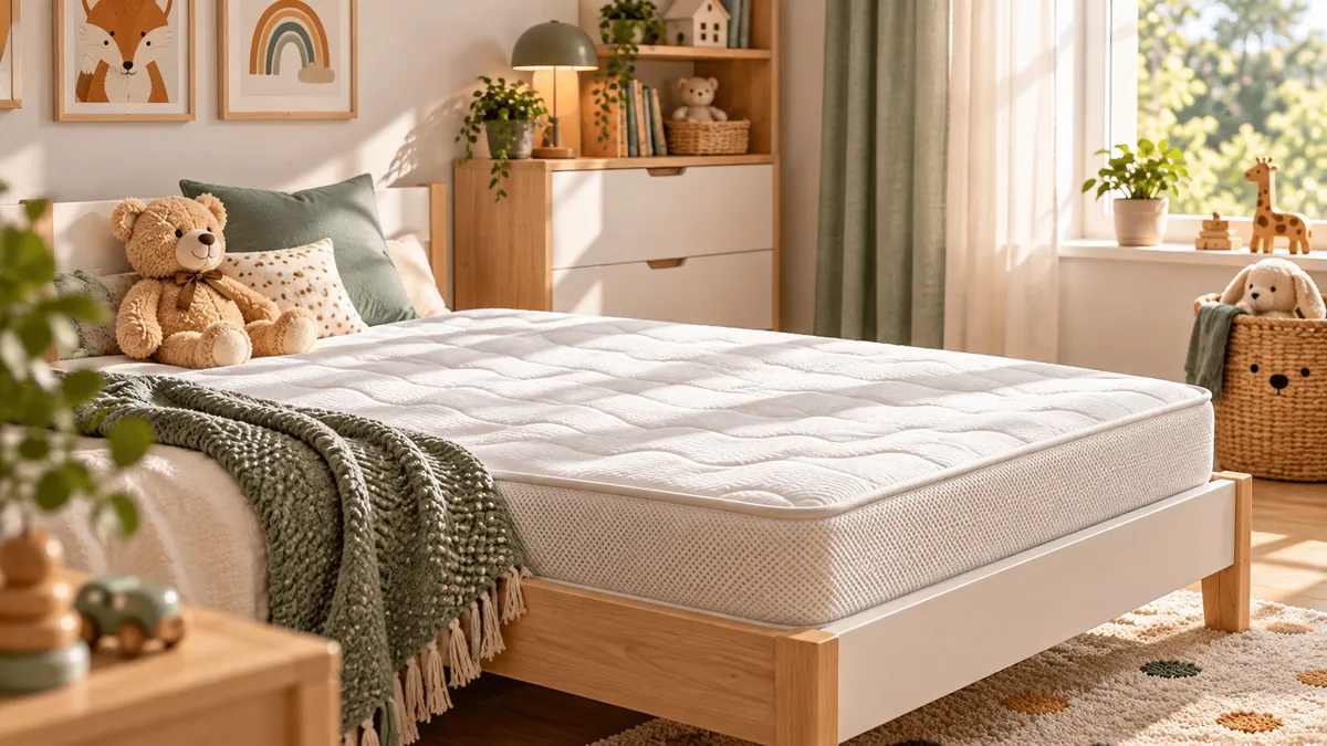 Matelas enfant en mousse posé sur un lit en bois clair dans une chambre d'enfant lumineuse, ours en peluche contre la tête de lit