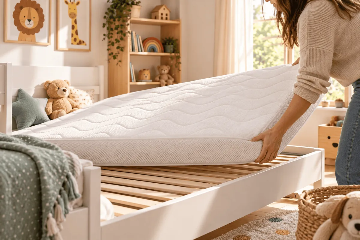 Parent soulevant un matelas enfant en mousse blanc au-dessus d'un sommier à lattes dans une chambre d'enfant